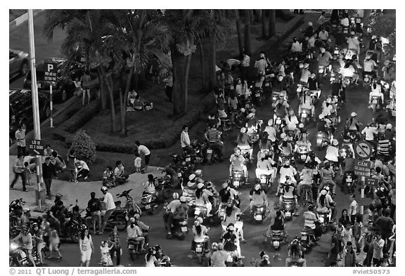 Crowded boulevard from above at night. Ho Chi Minh City, Vietnam (black and white)
