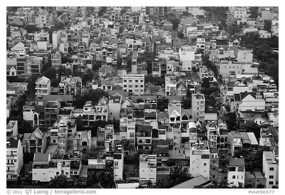 Aerial view of houses. Ho Chi Minh City, Vietnam (black and white)