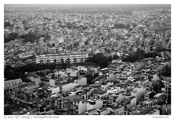 Aerial view of dense urban fabric. Ho Chi Minh City, Vietnam (black and white)