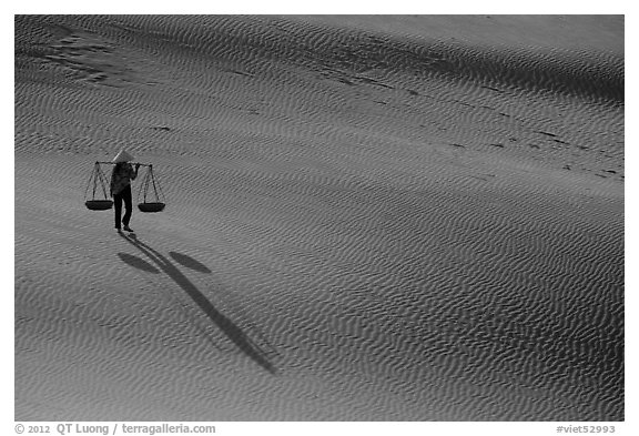 Shadows of woman on dune field. Mui Ne, Vietnam (black and white)