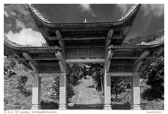 Temple gate and stairs. Ta Cu Mountain, Vietnam (black and white)