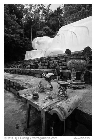Alter below largest Vietnam Buddha statue. Ta Cu Mountain, Vietnam (black and white)