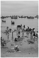 Fishing activity on beach near Lang Chai. Mui Ne, Vietnam (black and white)