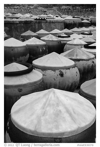 Fish sauch being aged in vats. Mui Ne, Vietnam (black and white)