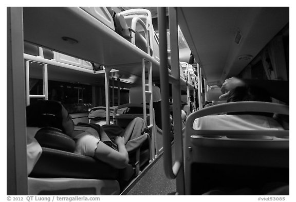 Inside sleeper bus. Vietnam (black and white)