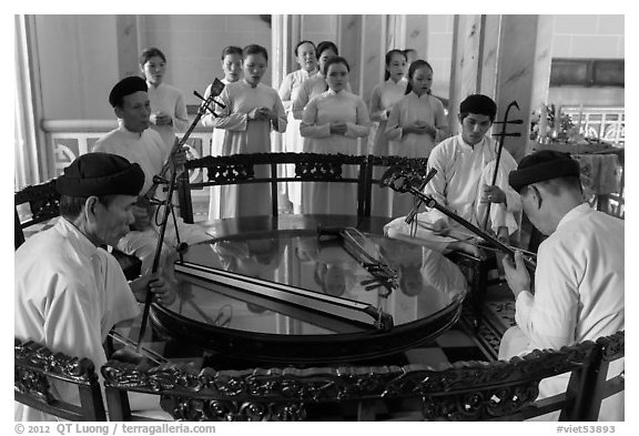 Musicians on mezzanine, Great Temple of Cao Dai. Tay Ninh, Vietnam (black and white)