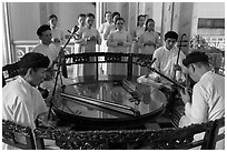 Musicians on mezzanine, Great Temple of Cao Dai. Tay Ninh, Vietnam (black and white)