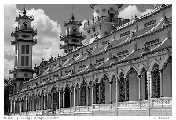 Sideways view of Great Temple of Cao Dai. Tay Ninh, Vietnam (black and white)
