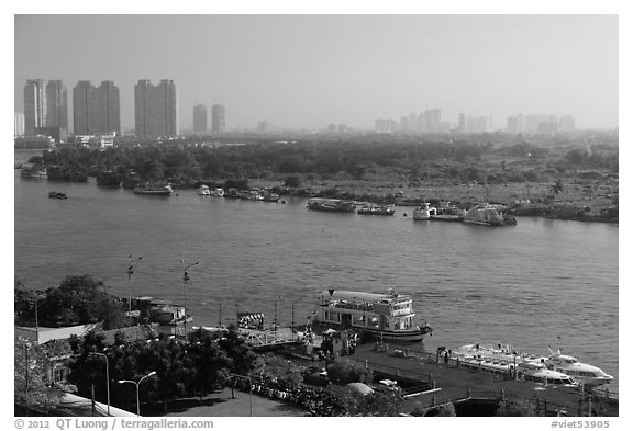 View over Saigon River in the morning. Ho Chi Minh City, Vietnam (black and white)