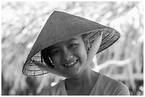 Portrait of girl with conical hat, Phoenix Island. My Tho, Vietnam (black and white)