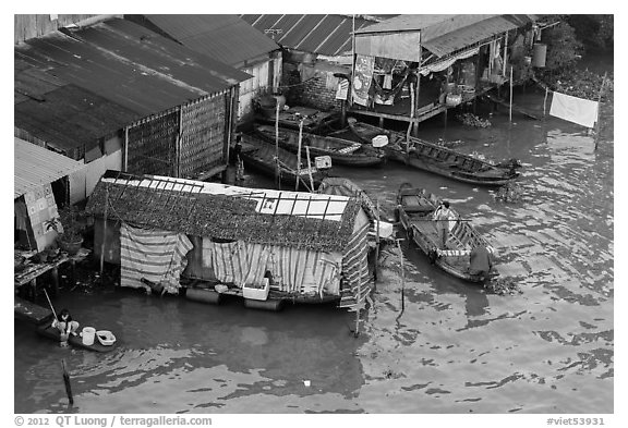 Riverside houses activity from above, Cai Rang. Can Tho, Vietnam (black and white)