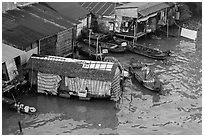Riverside houses activity from above, Cai Rang. Can Tho, Vietnam ( black and white)