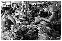 Buying and selling vegetable inside covered market, Cai Rang. Can Tho, Vietnam (black and white)