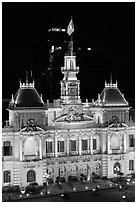 Peoples committee building (former City Hall) by night. Ho Chi Minh City, Vietnam (black and white)
