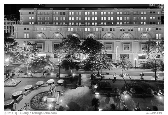 Plaza and commercial buildings from above at night. Ho Chi Minh City, Vietnam (black and white)