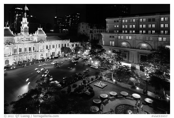 City Hall square at night from above. Ho Chi Minh City, Vietnam (black and white)