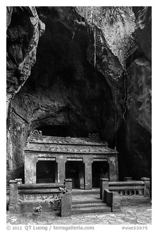 Santuary in Buddhist grotto, Thuy Son. Da Nang, Vietnam (black and white)