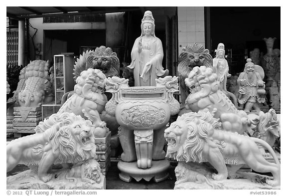 Stone sculptures for sale, Marble Mountains. Da Nang, Vietnam (black and white)