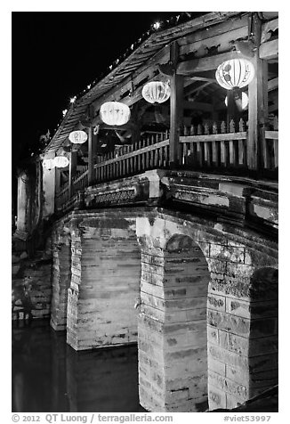 Japanese Bridge with paper lanterns. Hoi An, Vietnam (black and white)