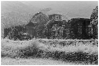Ruined cham temples in the mist. My Son, Vietnam (black and white)