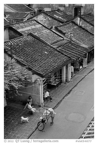 Old houses with tile rooftops and street from above. Hoi An, Vietnam