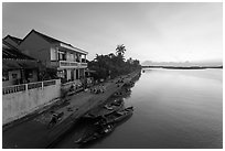 Sunrise over river and waterfront houses. Hoi An, Vietnam ( black and white)