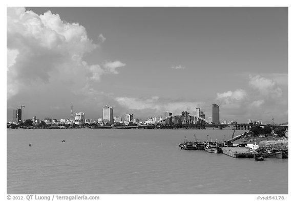 River and city skyline. Da Nang, Vietnam (black and white)