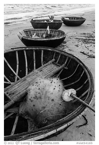Coracle boats with fishing gear. Da Nang, Vietnam (black and white)