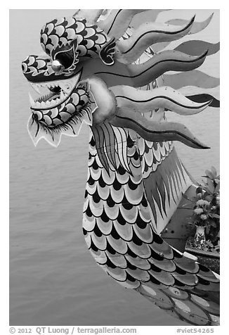 Prow of dragon boat. Hue, Vietnam (black and white)