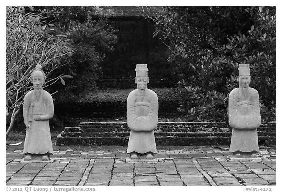 Statues near Hoa Khiem Palace, Tu Duc Mausoleum. Hue, Vietnam (black and white)