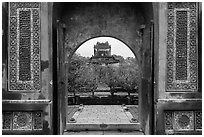 Stele Pavilion seen through the tomb gate, Tu Duc Tomb. Hue, Vietnam ( black and white)