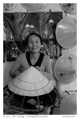 Woman making the Vietnamese conical hat. Hue, Vietnam (black and white)