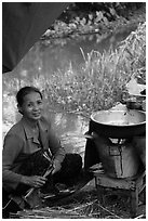 Woman cooking canalside, Thanh Toan. Hue, Vietnam ( black and white)