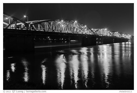 Eiffel-designed Trang Tien Bridge at night. Hue, Vietnam (black and white)