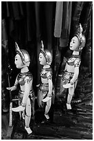 Puppets and clothing worn by water puppeters, Thang Long Theatre. Hanoi, Vietnam ( black and white)