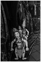 Water puppets controlled using long bamboo rods and string mechanism. Hanoi, Vietnam ( black and white)