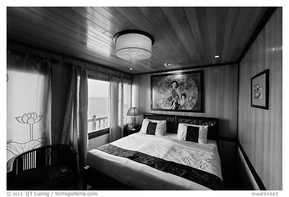 Indochina Sails stateroom and view. Halong Bay, Vietnam (black and white)