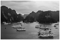 Tour boats and karstic islands from above. Halong Bay, Vietnam (black and white)