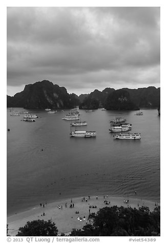 Elevated view of beach, boats and karst from Titov Island. Halong Bay, Vietnam