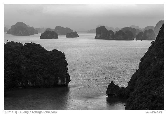 Elevated view of monolithic islands from above, evening. Halong Bay, Vietnam (black and white)