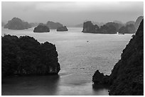 Elevated view of monolithic islands from above, evening. Halong Bay, Vietnam ( black and white)