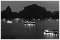 Flotilla of tour boats and islands at night. Halong Bay, Vietnam (black and white)
