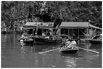 Floating houses, Vung Vieng village. Halong Bay, Vietnam (black and white)