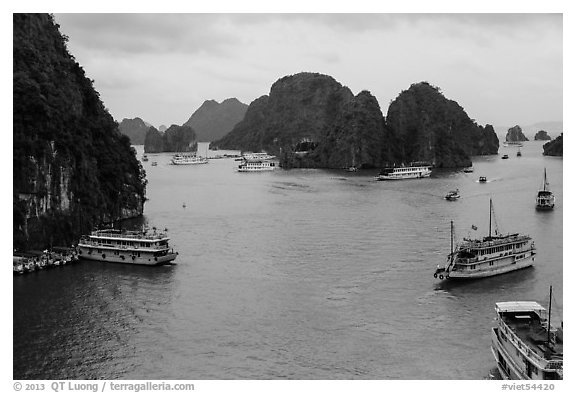 Tour boats and islands from above. Halong Bay, Vietnam (black and white)