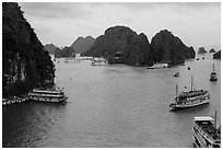 Tour boats and islands from above. Halong Bay, Vietnam (black and white)