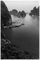 View over bay and boats from Surprise Cave exit. Halong Bay, Vietnam (black and white)