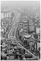 Expressway and buildings in mist seen from above. Hanoi, Vietnam ( black and white)