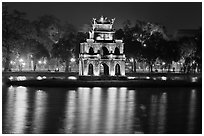 Turtle tower at night, Hoang Kiem Lake. Hanoi, Vietnam ( black and white)