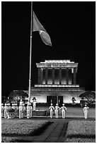 Vietnam flag lowering ceremony, Ho Chi Minh Mausoleum. Hanoi, Vietnam (black and white)