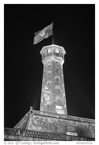 Flag tower at night, Thanh Long Citadel. Hanoi, Vietnam (black and white)